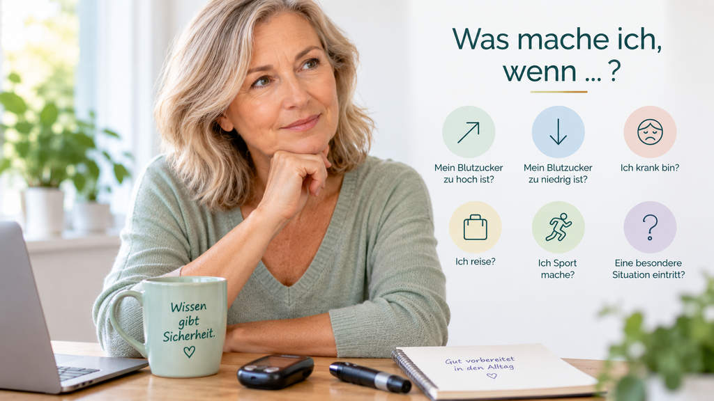Frau informiert sich über typische Alltagssituationen bei Diabetes