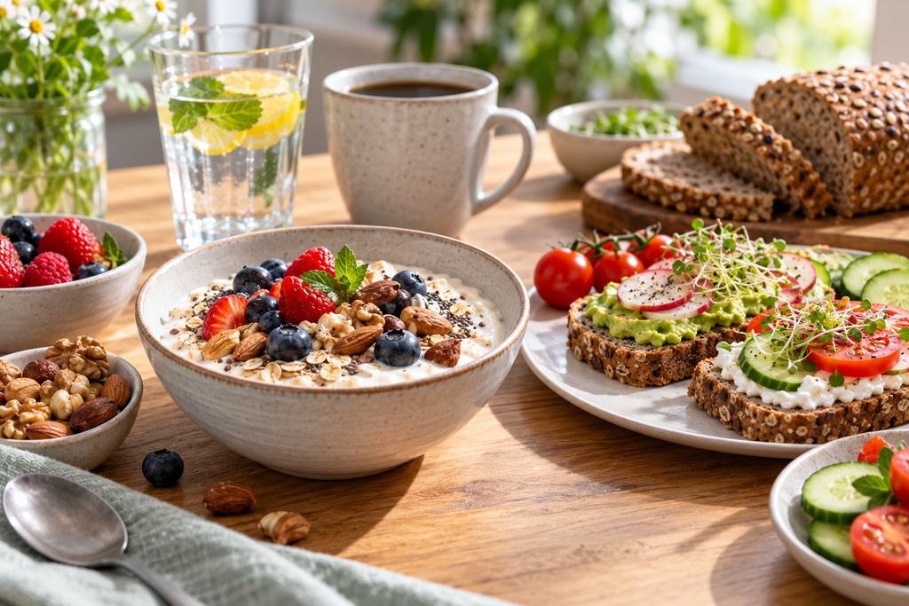 Ausgewogenes Frühstück mit Haferflocken, Naturjoghurt, Beeren, Nüssen, Vollkornbrot und Gemüse