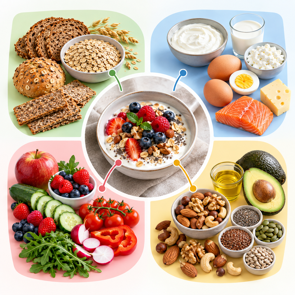Infografik mit verschiedenen Bausteinen für ein ausgewogenes Frühstück bei Diabetes
