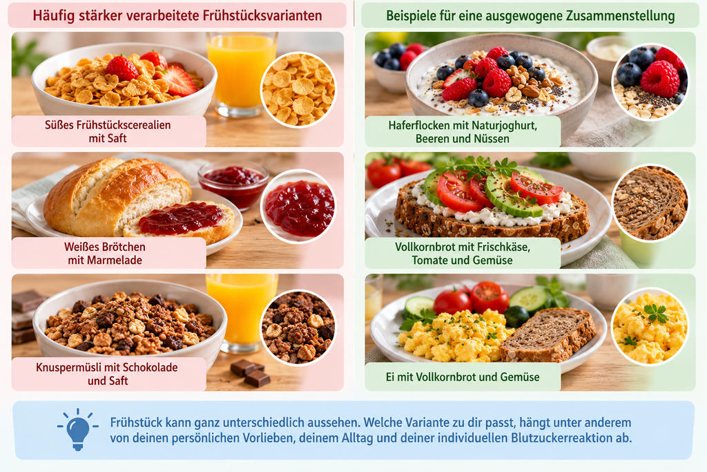 Infografik zum Vergleich unterschiedlich zusammengesetzter Frühstücksvarianten und möglicher Einflüsse auf den Blutzucker