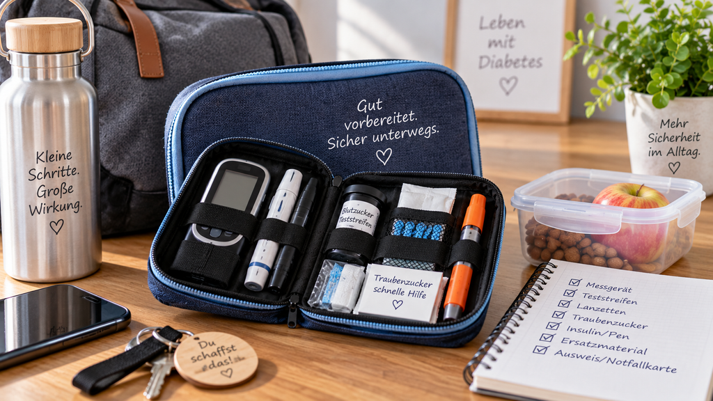 Gut vorbereitetes Diabetes-Notfallset mit Messgerät, Teststreifen, Traubenzucker und weiterem Zubehör