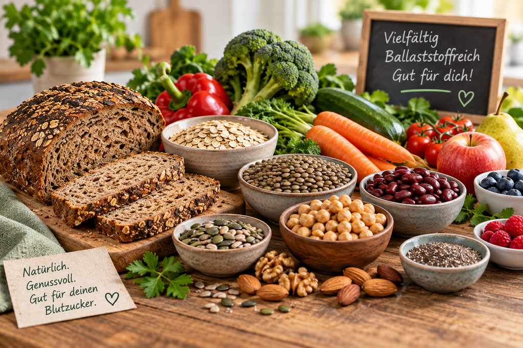 Ballaststoffreiche Lebensmittel wie Vollkornbrot, Haferflocken, Hülsenfrüchte, Gemüse, Obst, Nüsse und Samen