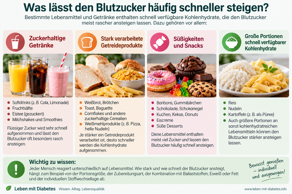 Infografik zu Lebensmitteln und Getränken, die den Blutzucker häufig schneller ansteigen lassen, darunter zuckerhaltige Getränke, Weißmehlprodukte, Süßigkeiten und große Kohlenhydratportionen