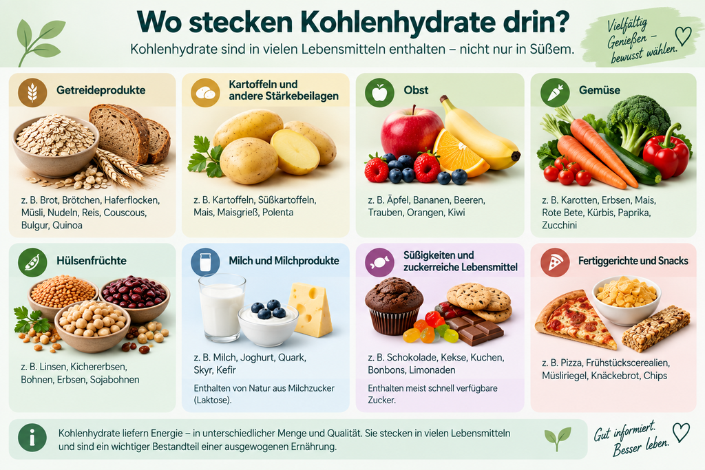 Infografik mit Beispielen für Lebensmittel, die Kohlenhydrate enthalten, darunter Getreideprodukte, Kartoffeln, Obst, Gemüse, Hülsenfrüchte und Milchprodukte
