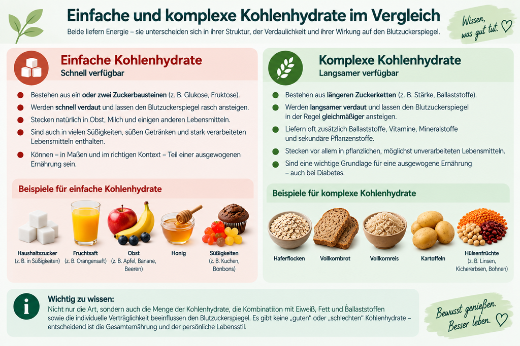 Infografik zum Vergleich von einfachen und komplexen Kohlenhydraten mit Lebensmittelbeispielen und Hinweisen zum Einfluss auf den Blutzucker