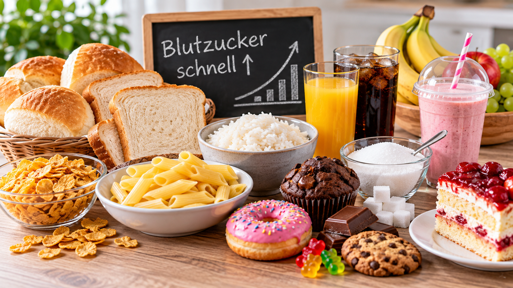 Lebensmittel und Getränke mit schnell verfügbaren Kohlenhydraten wie Weißbrot, Reis, Cornflakes, Süßigkeiten, Fruchtsaft und Cola