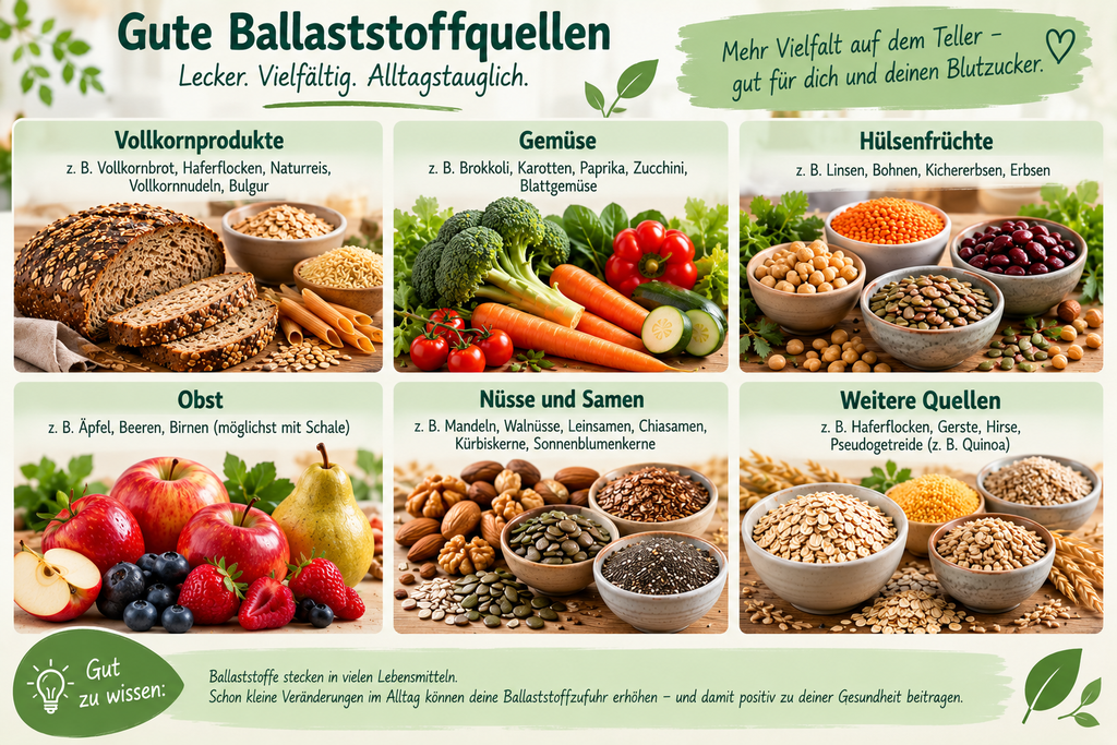 Infografik mit ballaststoffreichen Lebensmitteln wie Vollkornprodukten, Gemüse, Hülsenfrüchten, Obst, Nüssen und Samen