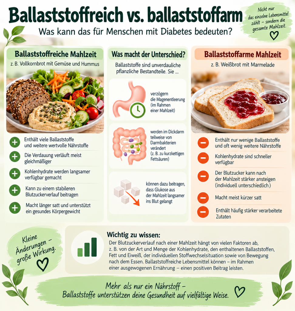 Infografik zum möglichen Einfluss ballaststoffreicher und ballaststoffarmer Mahlzeiten auf Verdauung, Sättigung und Blutzuckerverlauf