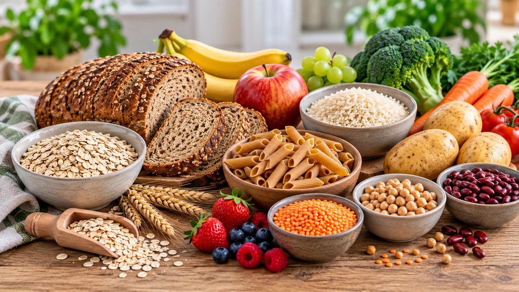 Kohlenhydrathaltige Lebensmittel wie Vollkornbrot, Haferflocken, Reis, Nudeln, Kartoffeln, Obst und Hülsenfrüchte