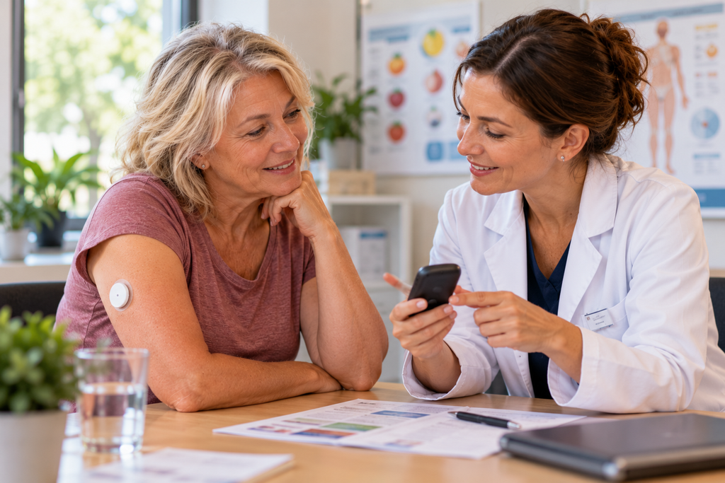 Diabetesberaterin erklärt einer Frau mit Glukosesensor die Bedienung eines Lesegeräts.